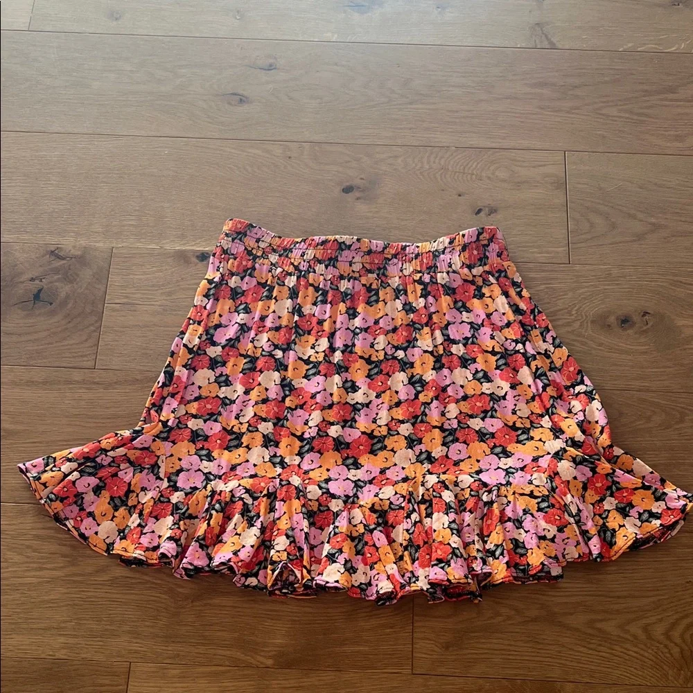 Floral Ruffle Mini Skirt - Pink, Orange & Black